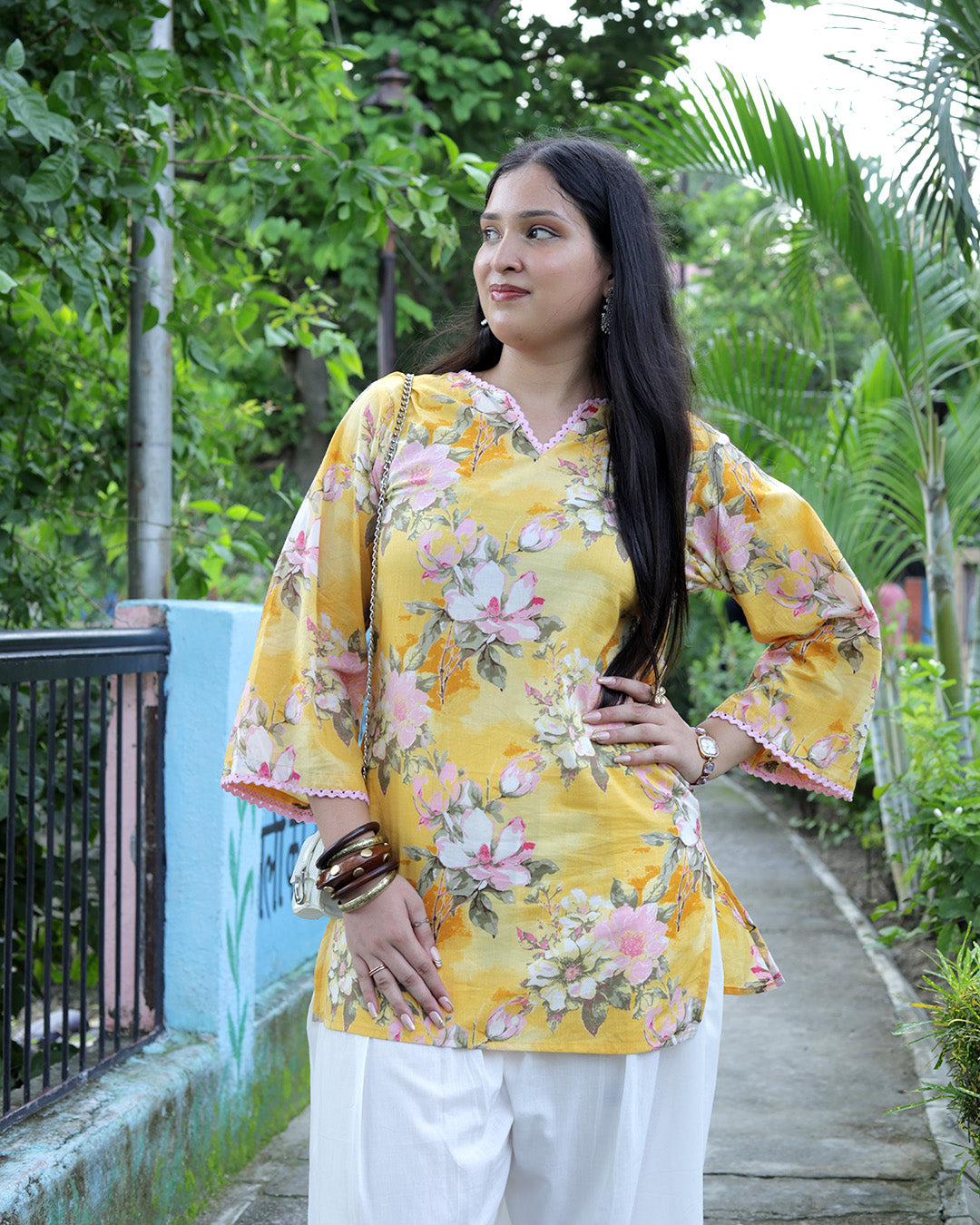 Yellow Mustard Hand Block Print Floral Farshi Set