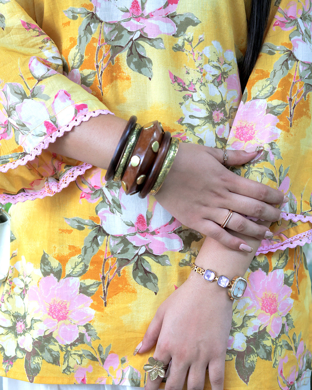Yellow Mustard Hand Block Print Floral Farshi Set