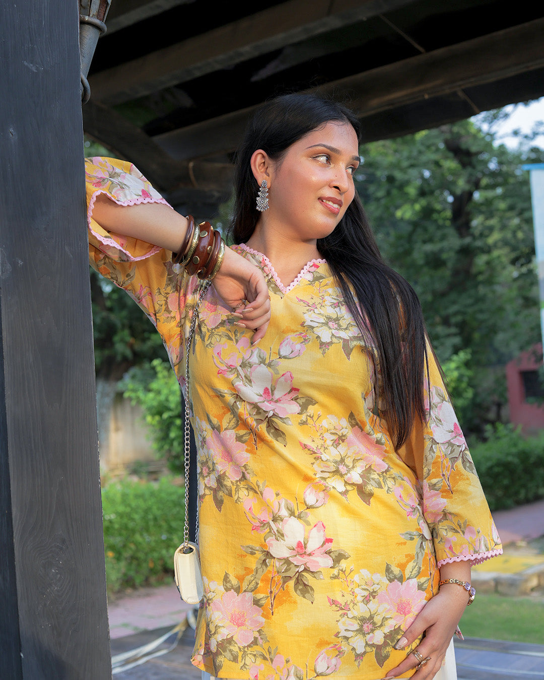 Yellow Mustard Hand Block Print Floral Farshi Set