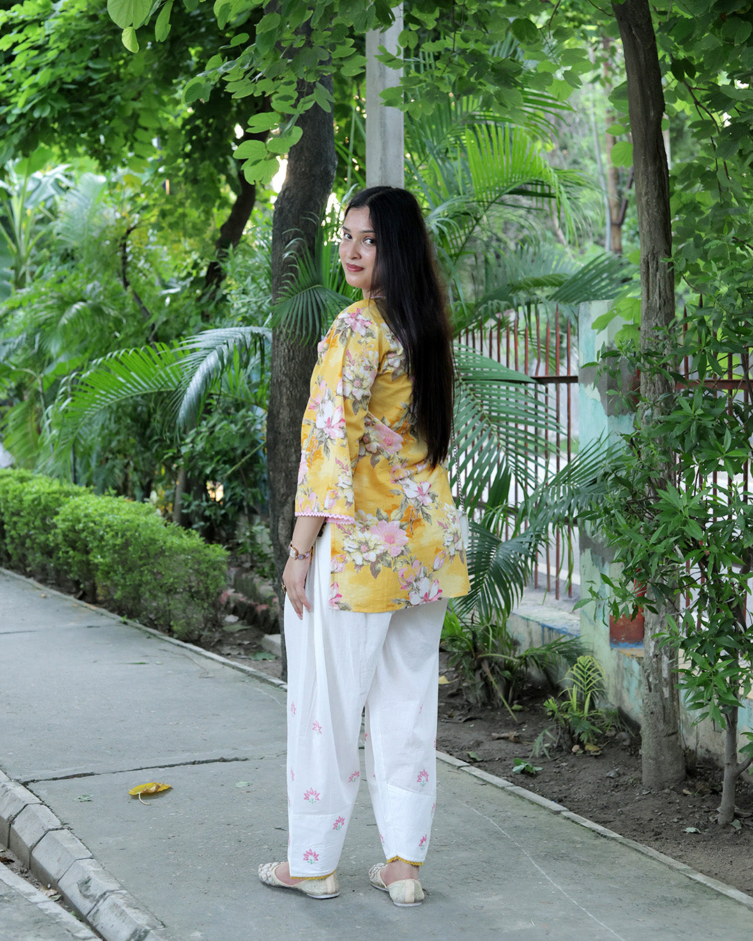 Yellow Mustard Hand Block Print Floral Farshi Set
