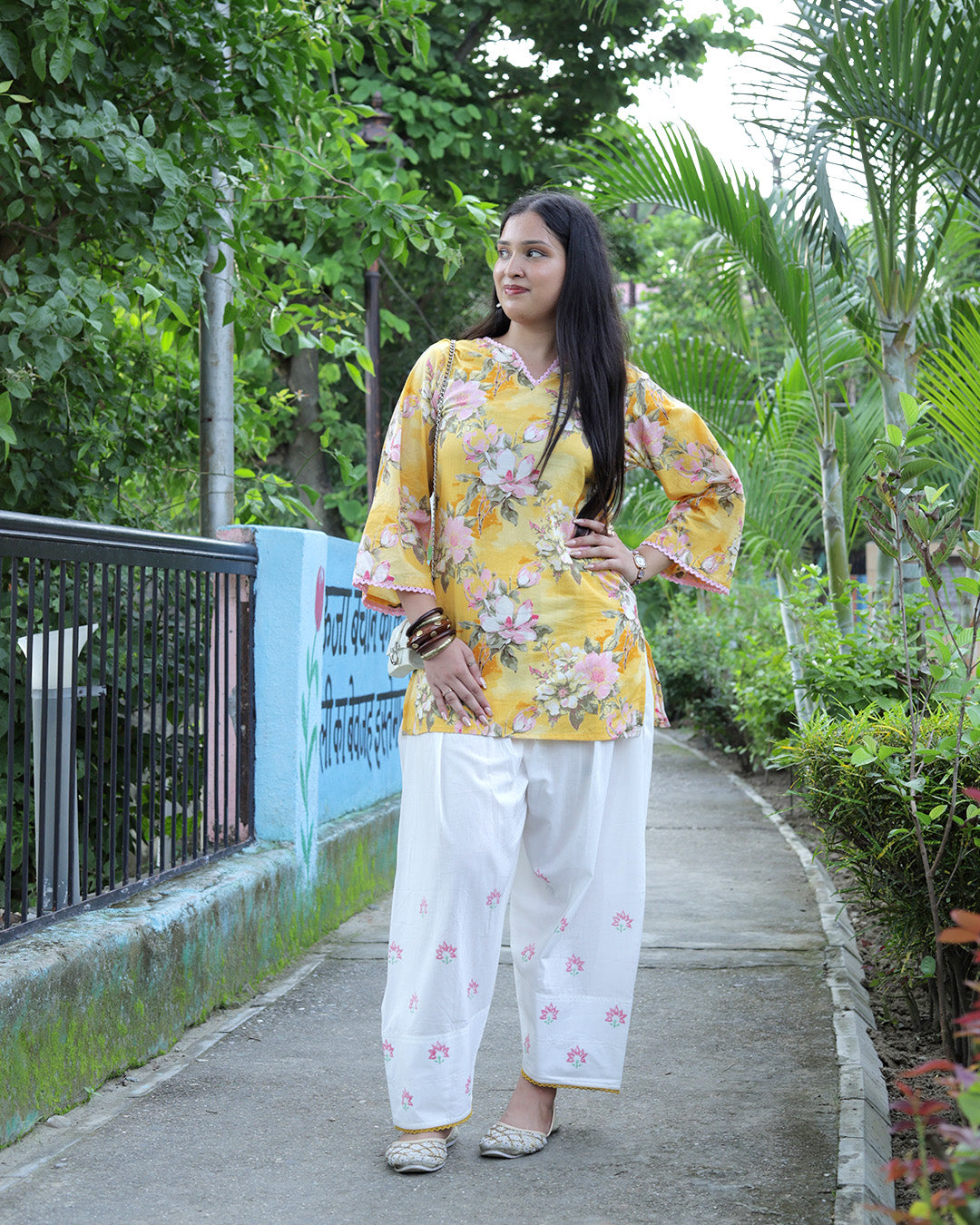 Yellow Mustard Hand Block Print Floral Farshi Set